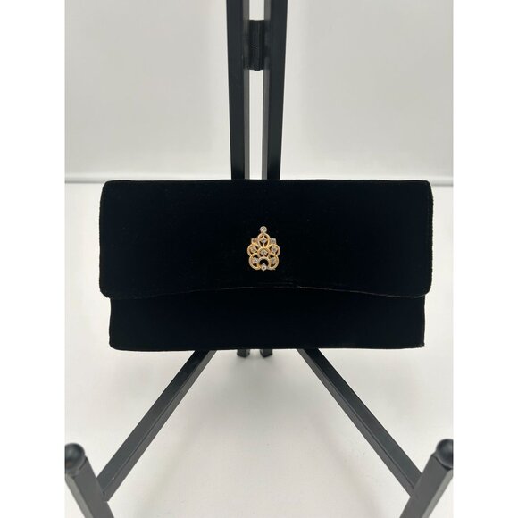 Vintage Black Velvet Handbag Clutch w/ Ornate Gold Rhinestone Button - Picture 1 of 3
